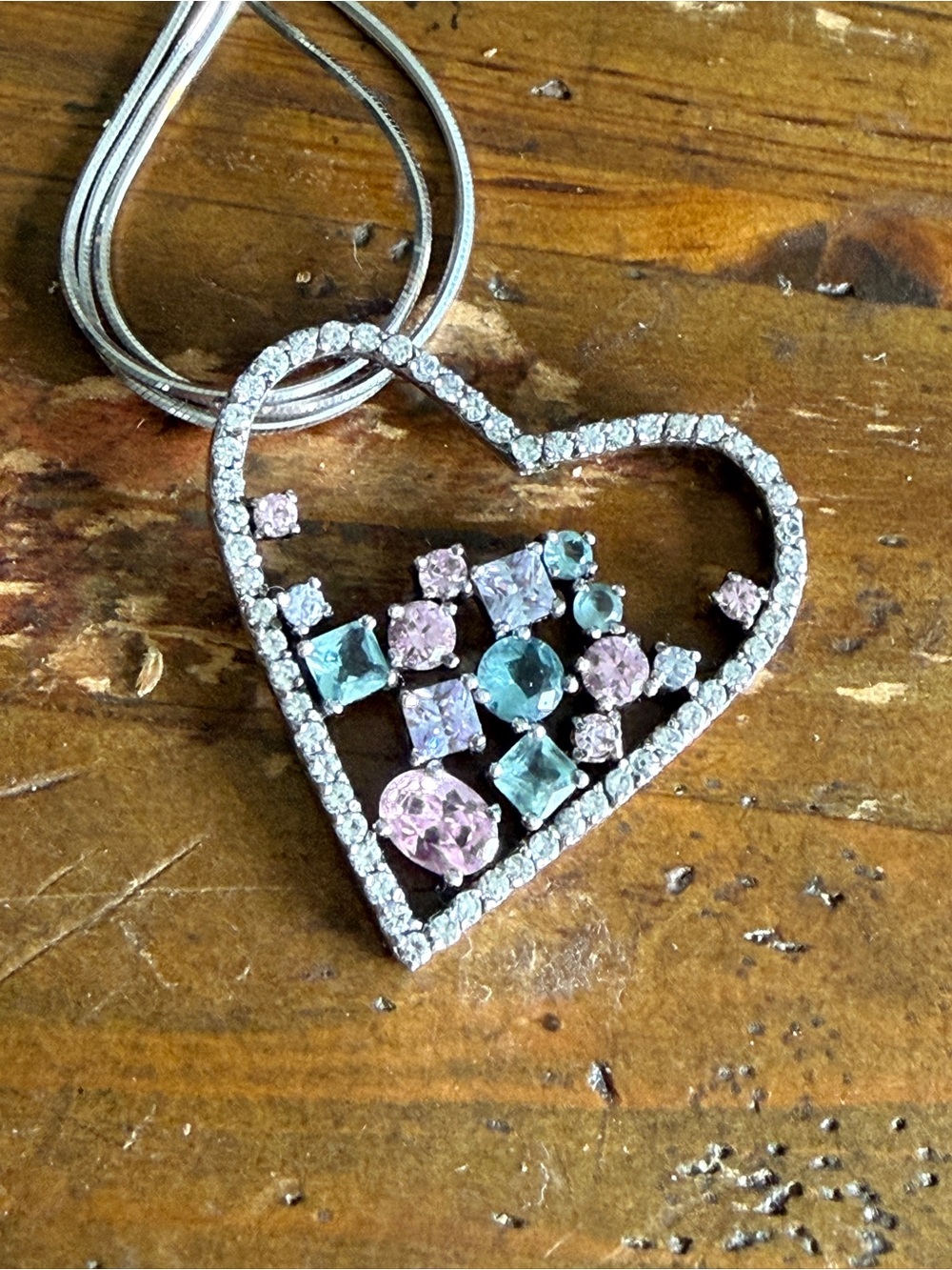 VINTAGE USSR 960 Silver Heart Pendant Necklace Pink, Blue Sapphire Cluster 16.9